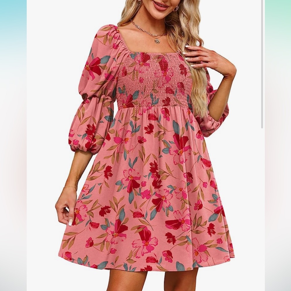 Womens Square Neck Puff Sleeve Smocked
Chest Off Shoulder Babydoll Mini Dress